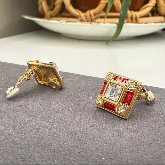 VTG Swarovski Swan Logo Art Deco Gold Red Enamel Crystal Clip Earrings Jewelry - Picture 3 of 6